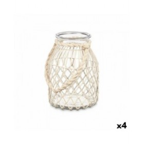 Portacandele Barattolo Bianco Trasparente Vetro Corda 20 x 30 cm (4 Unità)