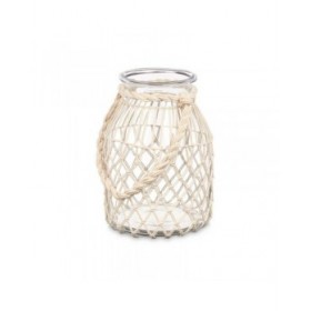 Portacandele Barattolo Bianco Trasparente Vetro Corda 20 x 30 cm (4 Unità)