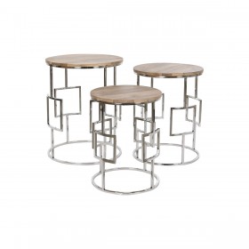 Set di 3 tavoli Home ESPRIT Marrone Argentato Naturale Acciaio Legno di mango 49,5 x 49,5 x 62 cm
