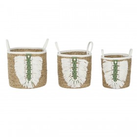 Set di Cestini Home ESPRIT Bianco Verde Naturale Fibra naturale Tropicale 39 x 39 x 47 cm (3 Pezzi)