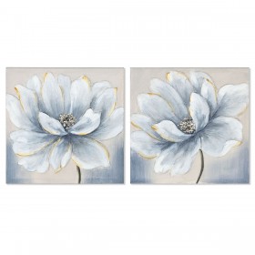 Quadro Home ESPRIT Azzurro Bianco Tela Legno MDF Fiore Tradizionale 40 x 2,5 x 40 cm (2 Unità)
