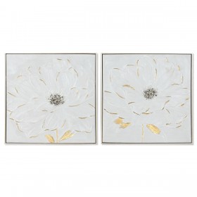Quadro Home ESPRIT Bianco Dorato polistirene Tela Fiore Shabby Chic 62 x 4,5 x 62 cm (2 Unità)