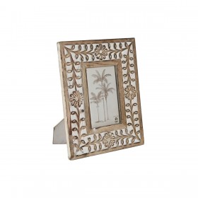 Cornice Portafoto Home ESPRIT Bianco Naturale Cristallo Legno di mango Fiore Indiano 21 x 2 x 26,5 cm