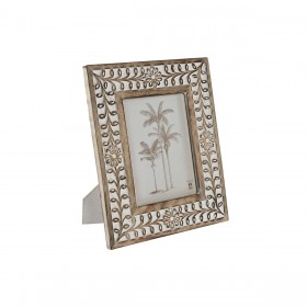 Cornice Portafoto Home ESPRIT Bianco Naturale Cristallo Legno di mango Fiore Indiano 26,5 x 2 x 31,5 cm