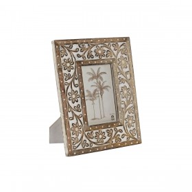Cornice Portafoto Home ESPRIT Bianco Naturale Cristallo Legno di mango Indiano 21 x 2 x 26,5 cm