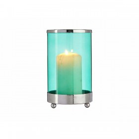 Portacandele Argentato Azzurro Cilindro Metallo Vetro (9,7 x 16,5 x 9,7 cm)