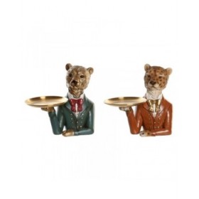 Statua Decorativa DKD Home Decor 17,5 x 11 x 23,5 cm Azzurro Dorato Marrone Leopardo Coloniale (2 Unità)