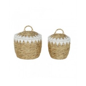 Set di Cestini Home ESPRIT Bianco Naturale Fibra naturale Boho 35 x 35 x 37 cm (2 Pezzi)