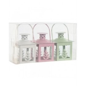 Lampioni Home ESPRIT Bianco Verde Rosa Cristallo Ferro Shabby Chic 7 x 7 x 10 cm (3 Pezzi) (4 Unità)