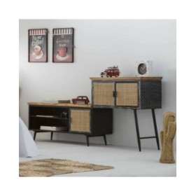 Credenza Alexandra House Living Marrone Nero Grigio Ferro Rattan Legno di abete 42 x 90 x 202 cm