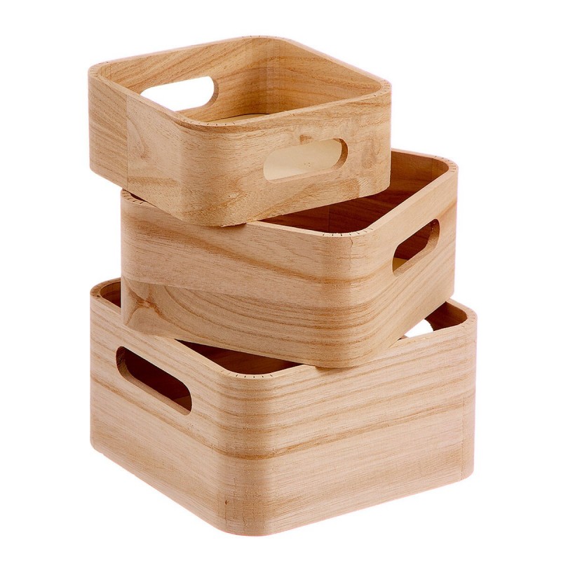 Set di Scatole per Sistemare Impilabili Caison Naturale Legno 18,5 x 18,5 x 10 cm 3 Pezzi
