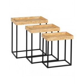 Set di 3 tavoli Nero Naturale Ferro Legno MDF 57,5 x 37,5 x 67,5 cm (3 Unità)