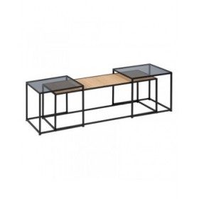Tavolino da Caffè Nero Naturale Cristallo Ferro Rattan 97,5 x 34 x 35 cm (3 Unità)