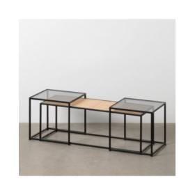 Tavolino da Caffè Nero Naturale Cristallo Ferro Rattan 97,5 x 34 x 35 cm (3 Unità)