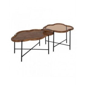 Tavolino da Caffè Nero Naturale Cristallo Ferro Legno d'albero della gomma 89 x 50 x 40 cm (2 Unità)