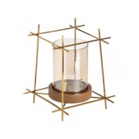 Portacandele Marrone Dorato Legno Cristallo Acciaio 24 x 24 x 26 cm