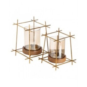 Portacandele Marrone Dorato Legno Cristallo Acciaio 24 x 24 x 26 cm