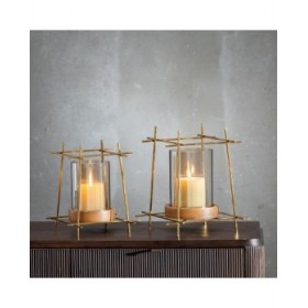 Portacandele Marrone Dorato Legno Cristallo Acciaio 24 x 24 x 26 cm