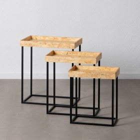Set di 3 tavoli Nero Naturale Ferro Legno MDF 57,5 x 37,5 x 67,5 cm (3 Unità)