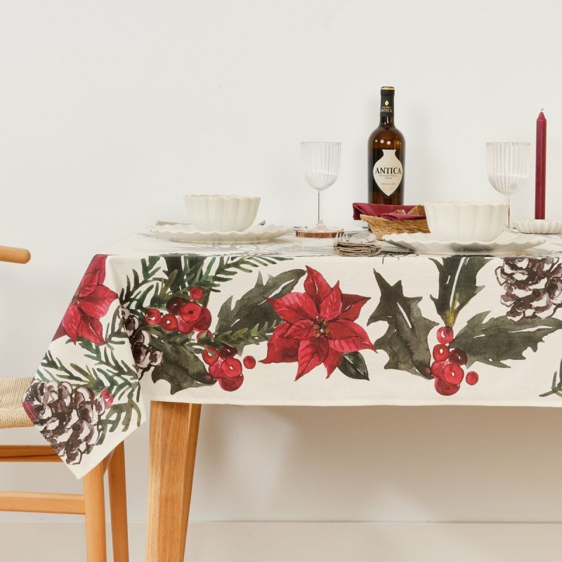 Tovaglia in resina antimacchia Belum Christmas Flowers Bianco Marrone Rosso Verde 150 x 150 cm