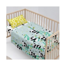 Set di Lenzuola HappyFriday Moshi Moshi Panda garden blue Azzurro Culla Neonato 2 Pezzi