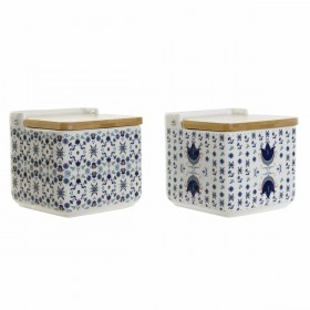 Portasale con Coperchio DKD Home Decor Piastrella Azzurro Bianco Bambù Dolomite (12.5 x 12.5 x 12 cm) (2 pcs)