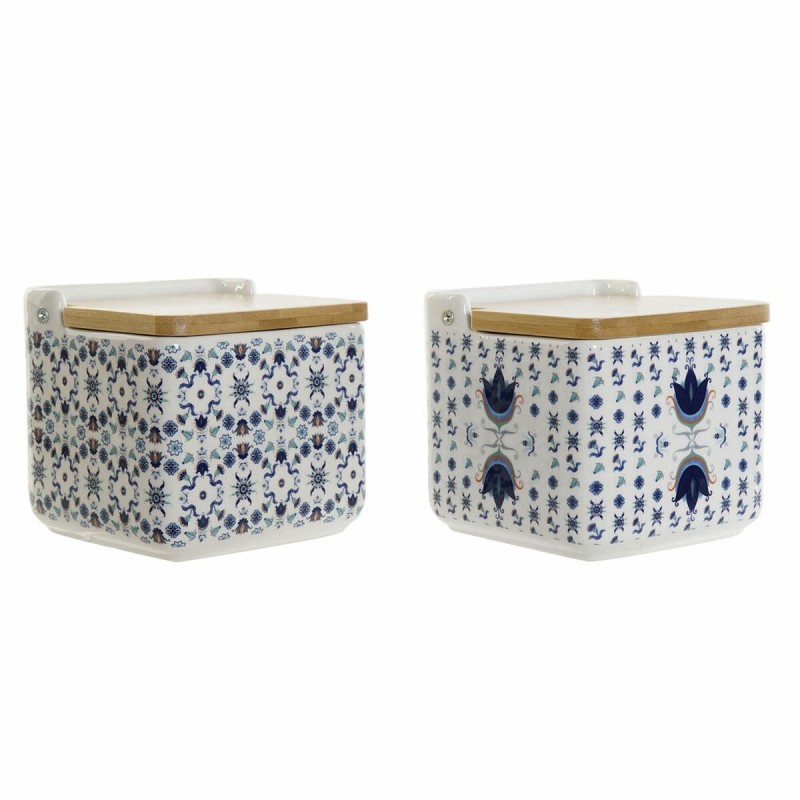 Portasale con Coperchio DKD Home Decor Piastrella Azzurro Bianco Bambù Dolomite (12.5 x 12.5 x 12 cm) (2 pcs)