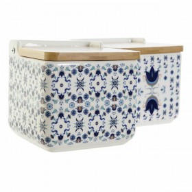 Portasale con Coperchio DKD Home Decor Piastrella Azzurro Bianco Bambù Dolomite (12.5 x 12.5 x 12 cm) (2 pcs)