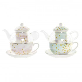 Teiera DKD Home Decor Cristallo Porcellana Rosa Trasparente Bianco Verde (2 Unità)