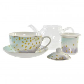 Teiera DKD Home Decor Cristallo Porcellana Rosa Trasparente Bianco Verde (2 Unità)