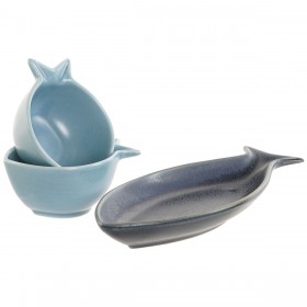 Set da Aperitivo Home ESPRIT Azzurro Blu cielo Porcellana Acacia Mediterraneo Pesci 19,5 x 16,5 x 1,3 cm 4 Pezzi