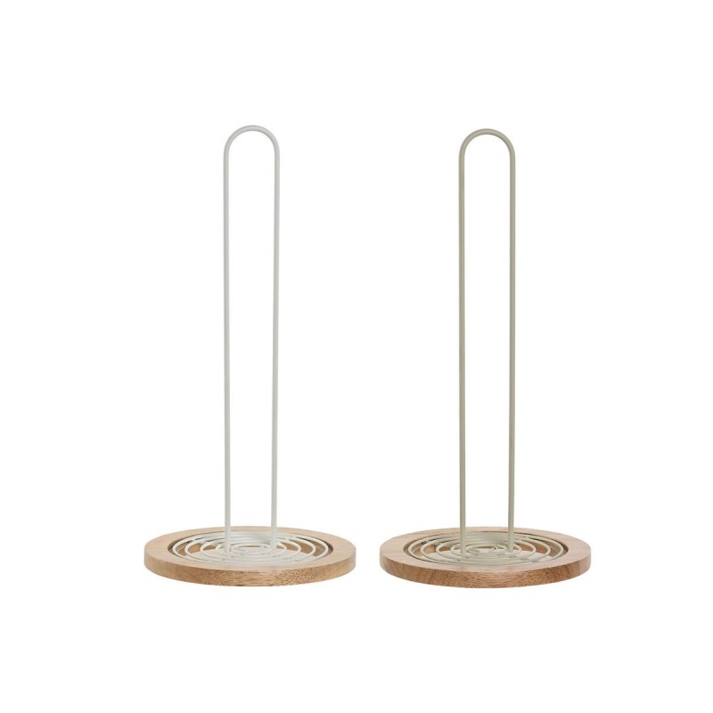Portarotolo di Carta da Cucina Home ESPRIT Beige Grigio Naturale Metallo Legno d'albero della gomma 15 x 15 x 31 cm (2 Unità)