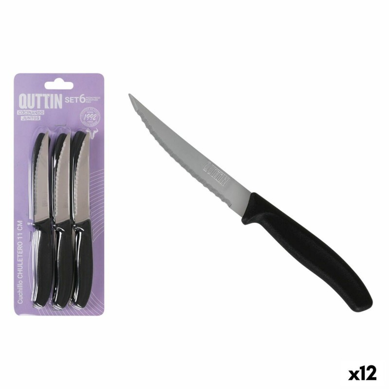 Set di Coltelli per Carne Quttin Nero Argentato 11 cm 6 Pezzi (12 Unità)