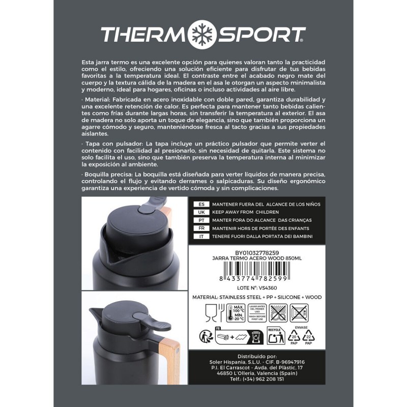 Caraffa Thermos ThermoSport Nero 850 ml (4 Unità)