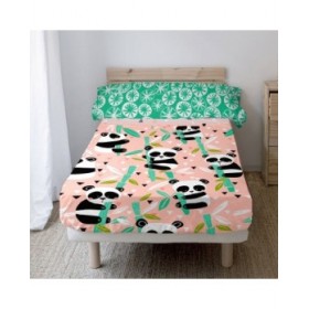 Set di Lenzuola HappyFriday Moshi Moshi Panda garden Rosa Singolo 2 Pezzi