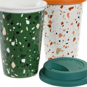 Tazza Mug DKD Home Decor Terrazo Porcellana Beige Verde Silicone 4 Unità (400 ml) (10 x 10 x 14 cm)