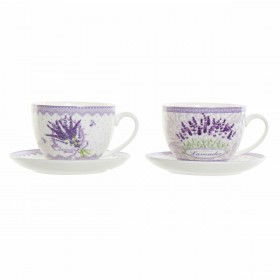 Tazza con Piatto DKD Home Decor Bianco Verde Lilla Porcellana 220 ml (2 Unità)