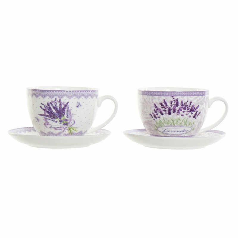 Tazza con Piatto DKD Home Decor Bianco Verde Lilla Porcellana 220 ml (2 Unità)
