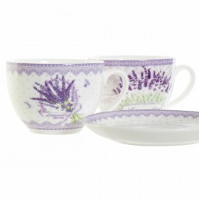 Tazza con Piatto DKD Home Decor Bianco Verde Lilla Porcellana 220 ml (2 Unità)