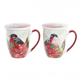 Tazza per Infusi DKD Home Decor Uccello Porcellana Rosso Verde (380 ml) (2 Unità)