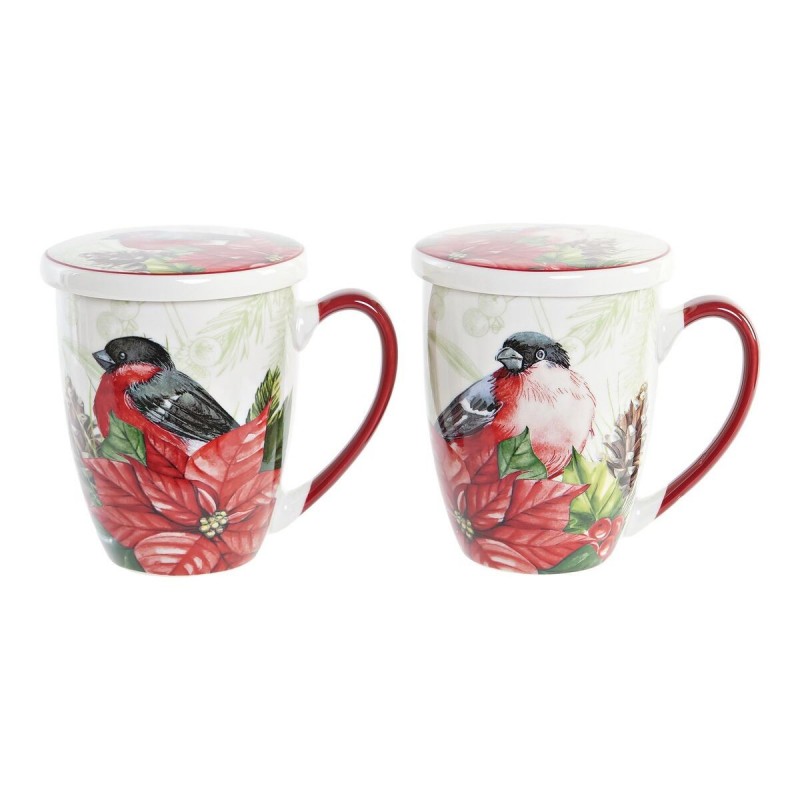 Tazza per Infusi DKD Home Decor Uccello Porcellana Rosso Verde (380 ml) (2 Unità)