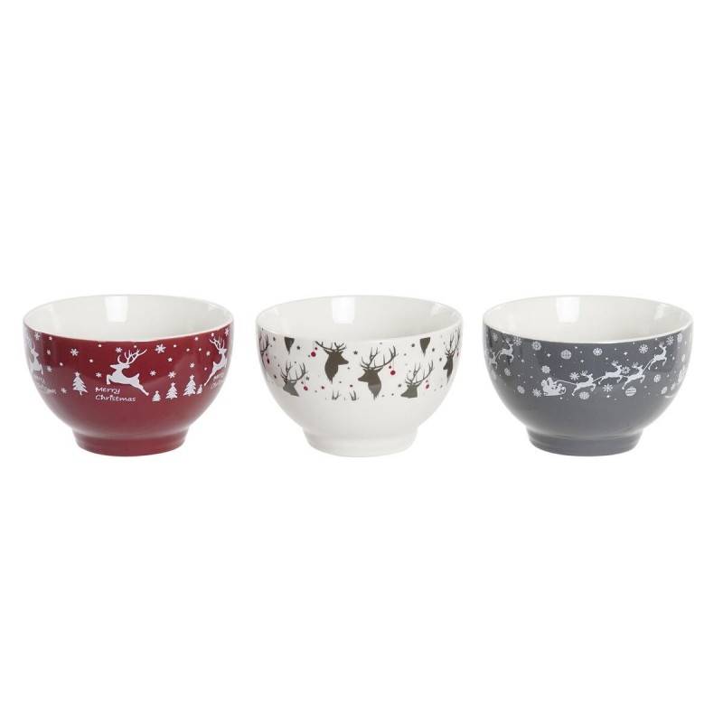 Set di Ciotole DKD Home Decor Bianco Rosso Grigio Porcellana 500 ml 13 x 13 x 8 cm (3 Unità)