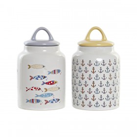 Barattolo DKD Home Decor Bianco Multicolore Gres Mediterraneo (2 Unità)