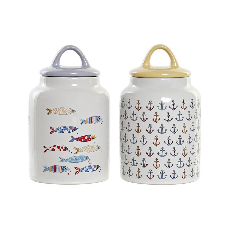 Barattolo DKD Home Decor Bianco Multicolore Gres Mediterraneo (2 Unità)