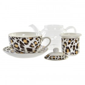 Teiera DKD Home Decor Leopardo Cristallo Porcellana Marrone Trasparente Bianco (2 Unità)
