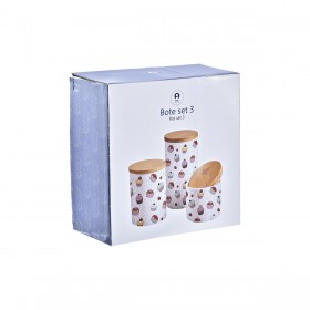 Set di 3 Barattoli DKD Home Decor Naturale Bianco Multicolore Bambù Gres 10 x 10 x 17 cm Cupcake