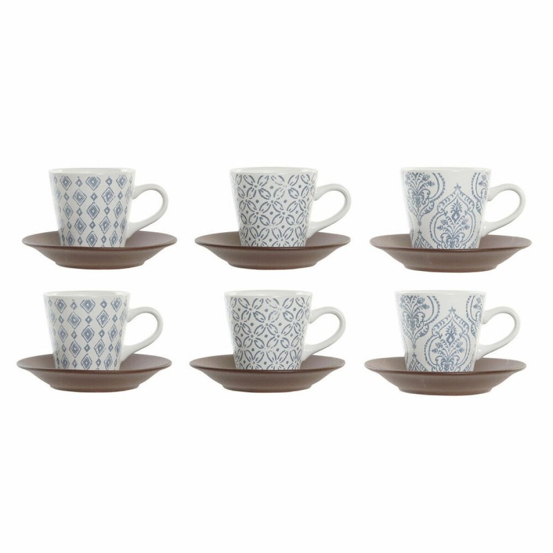 Set di Tazze da Caffè DKD Home Decor Azzurro Bianco Marrone Legno d'albero della gomma Gres 90 ml