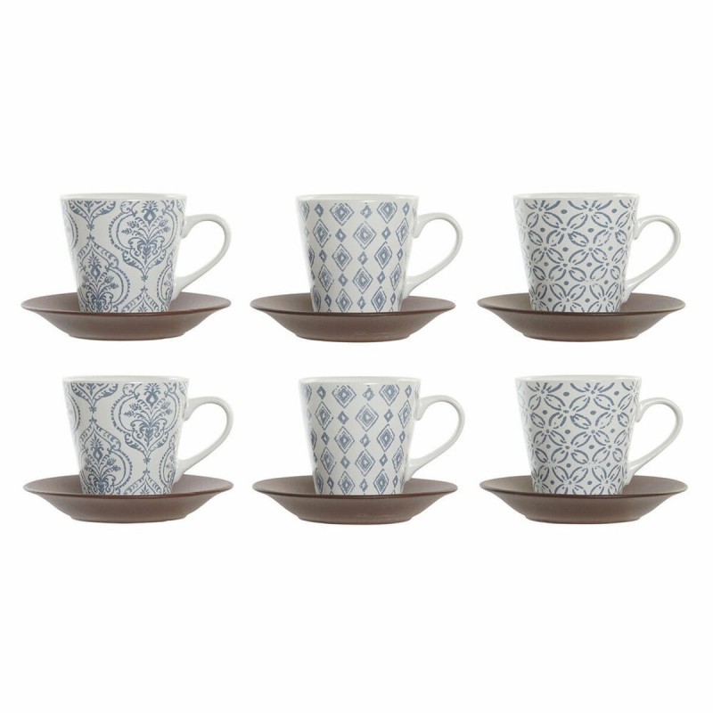 Set di Tazze da Caffè DKD Home Decor Azzurro Bianco Marrone Legno d'albero della gomma Gres 150 ml