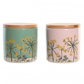 Barattolo DKD Home Decor 11,5 x 11,5 x 12 cm Floreale Rosa Verde Bambù Gres Shabby Chic (2 Unità)