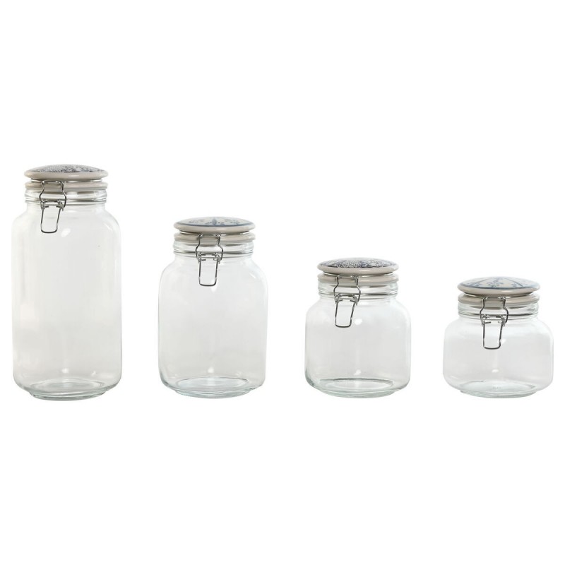 Set di 4 Barattoli Home ESPRIT Azzurro Bianco Metallo Silicone Cristallo Gres 800 ml 1 L 1,5 L 2,2 L 4 Pezzi